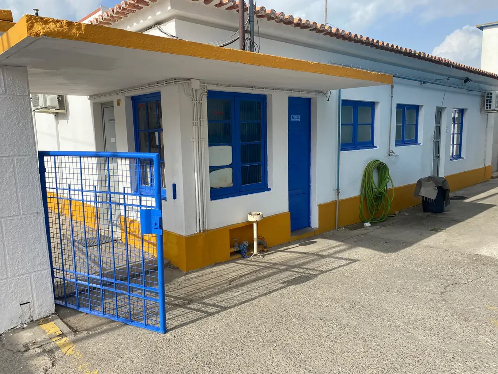 Moradia pintada de branco com portão e caixilhos azuis
